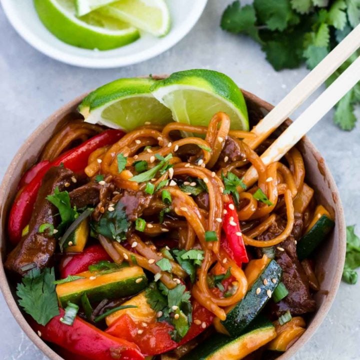 Instant Pot Teriyaki Beef Noodles in a bowl with chopsticks