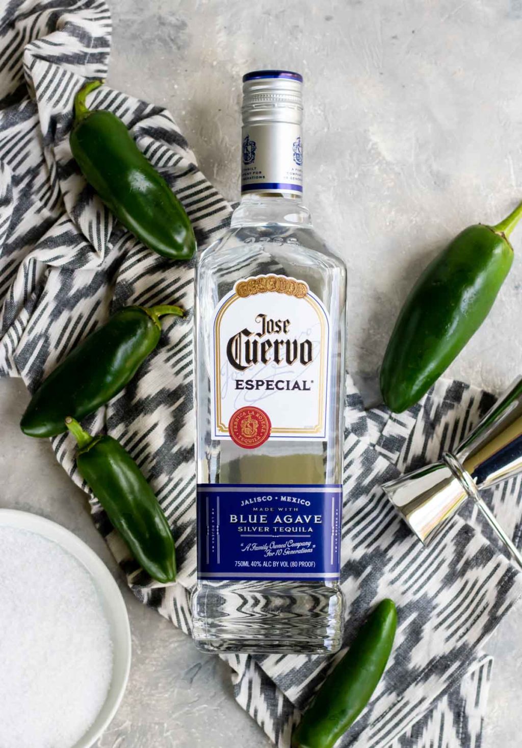 A bottle of Jose Cuervo Especial Blue Agave Silver tequila
