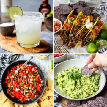 a picture of four Mexican recipes - margarita, tacos, pico de gallo and guacamole