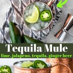 tequila mule pin image with copper mugs and garnished with jalapenos