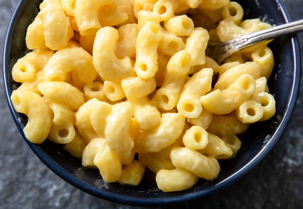 Close up of a cup of skillet mac and cheese