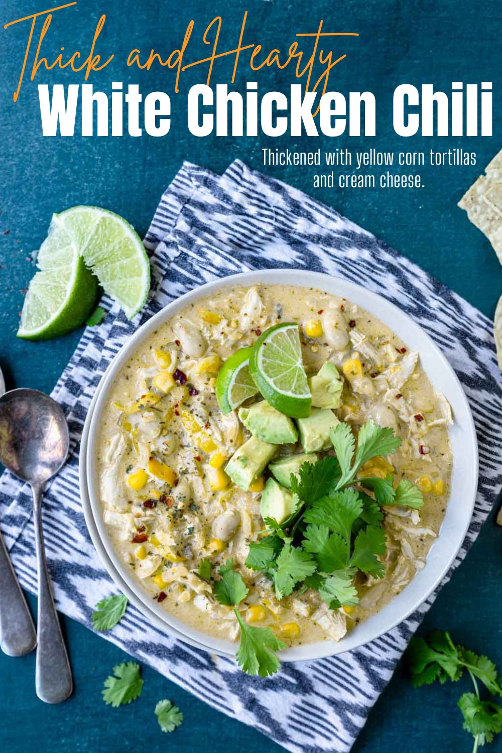 Pinterest image for white chicken chili with text overlay