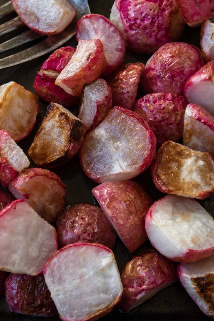 Close up picture of oven roasted radishes