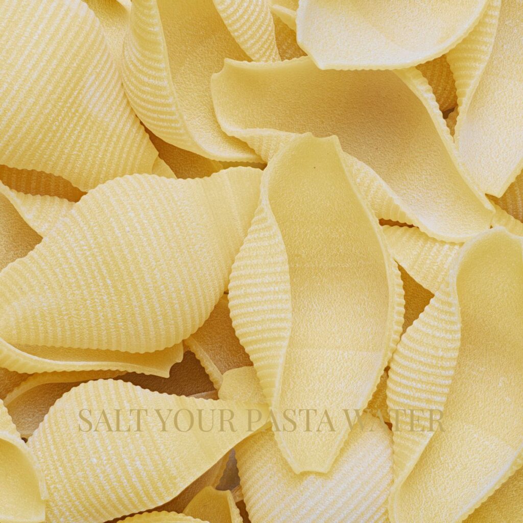 JUMBO PASTA SHELLS with text overlay that says "salt your pasta water"