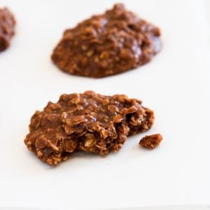 close up of an easy chocolate no bake cookie with a bite taken out