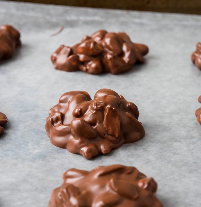 Chocolate Peanut Clusters on wax paper