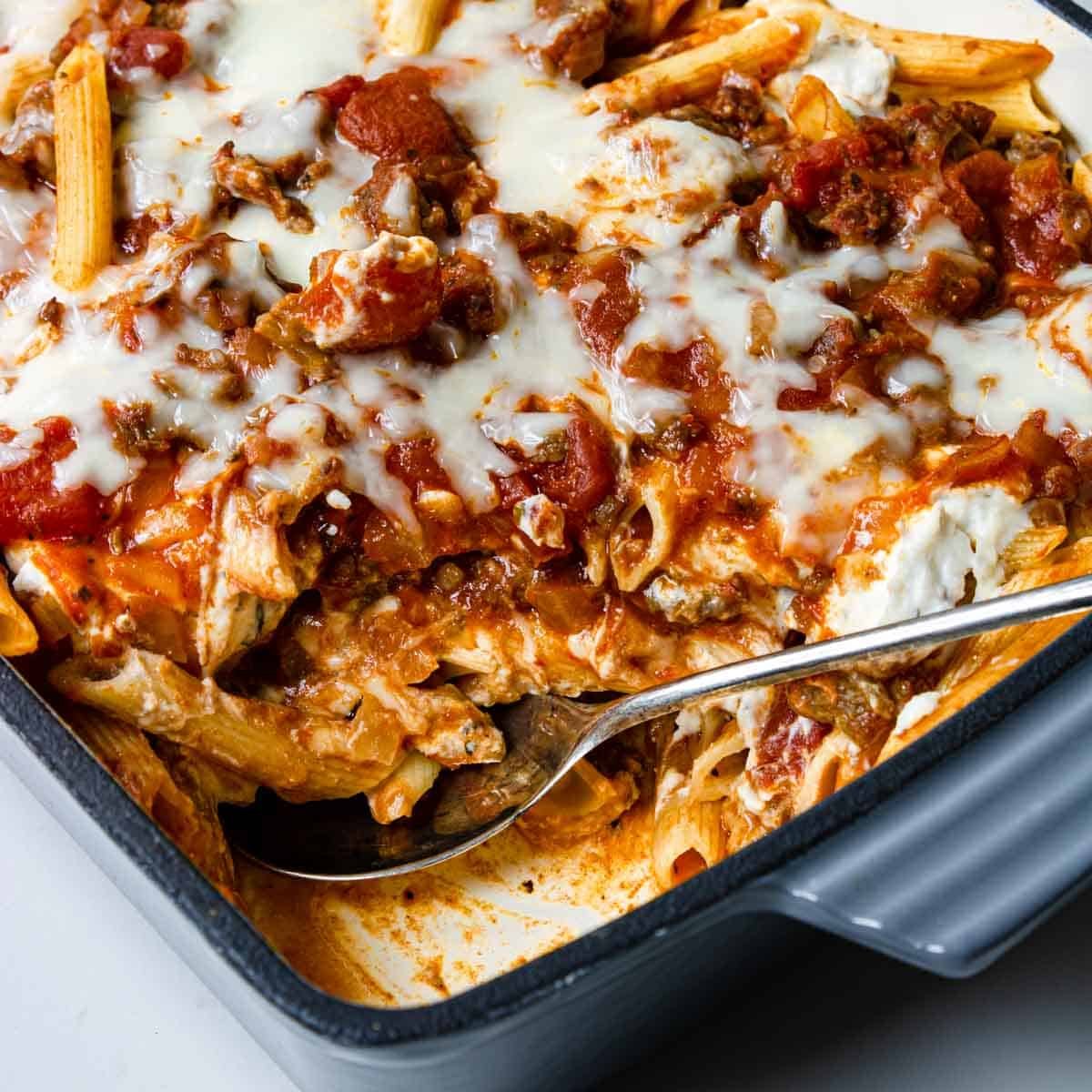 Baked Penne Pasta Recipe in a grey 9x13 pan