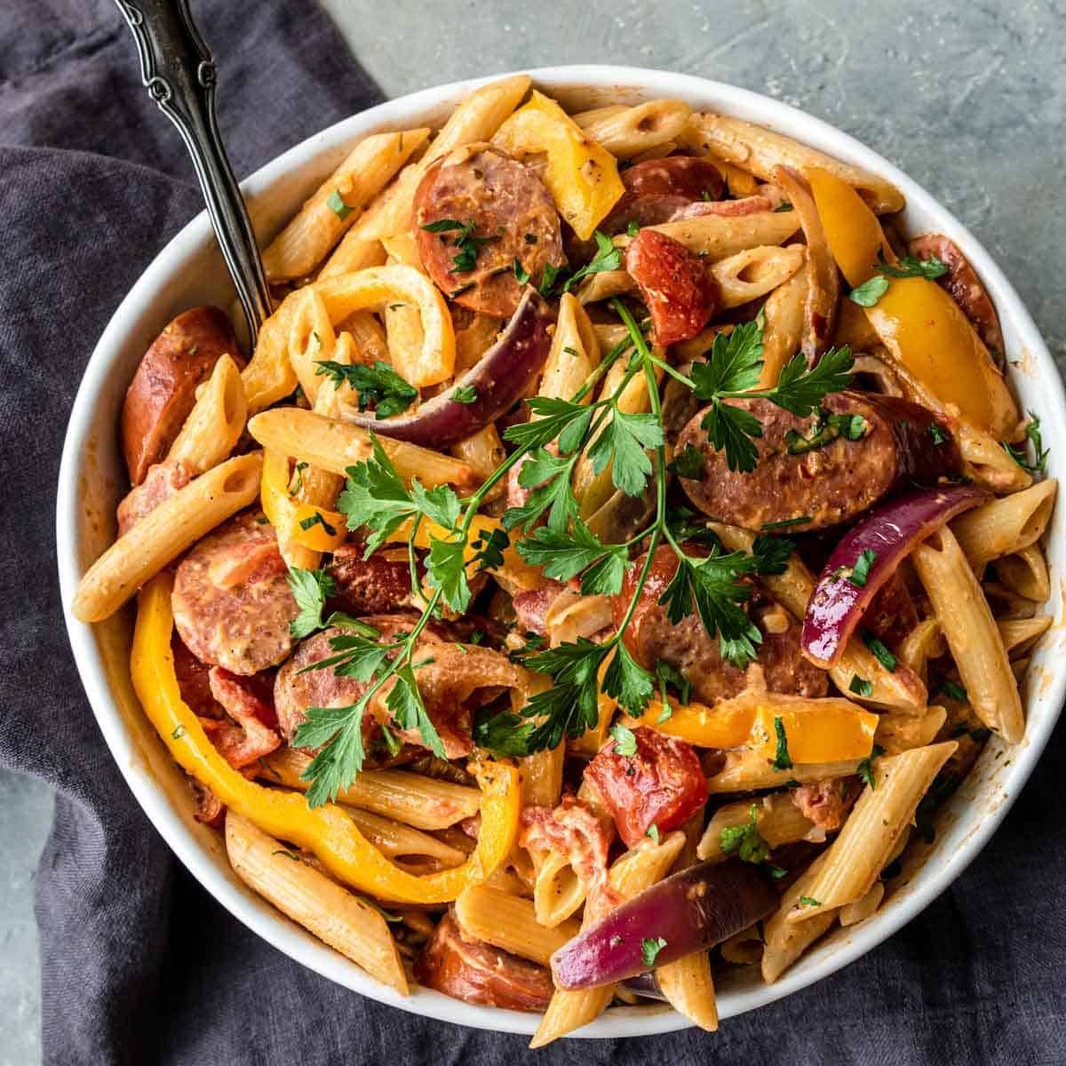 Cajun Pasta in a large bowl garnished with parsley