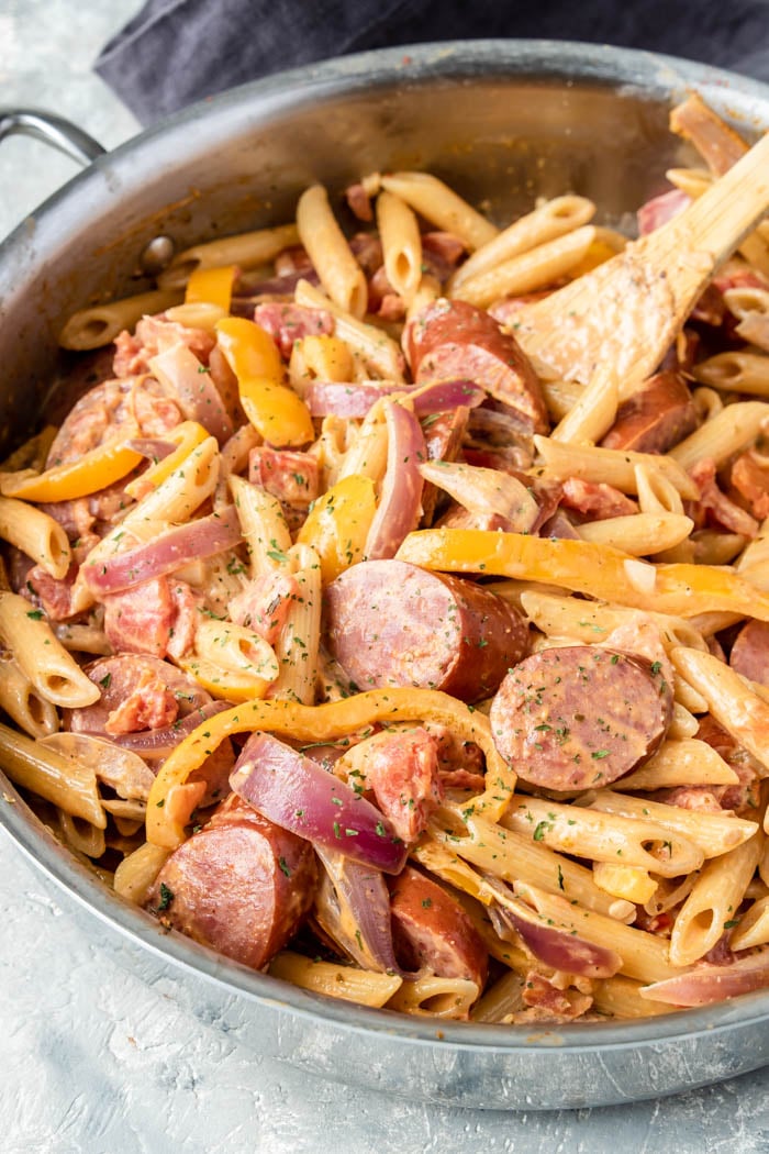 Creamy Creamy Cajun Pasta with Beef Sausage with Sausage & Peppers- Mom ...