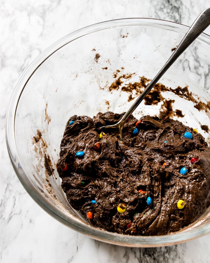 Chocolate Cake Mix Cookie batter with M&M's added 