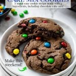 Chocolate Cake Mix cookies on a white plate with one cut in half- pinterest text over top
