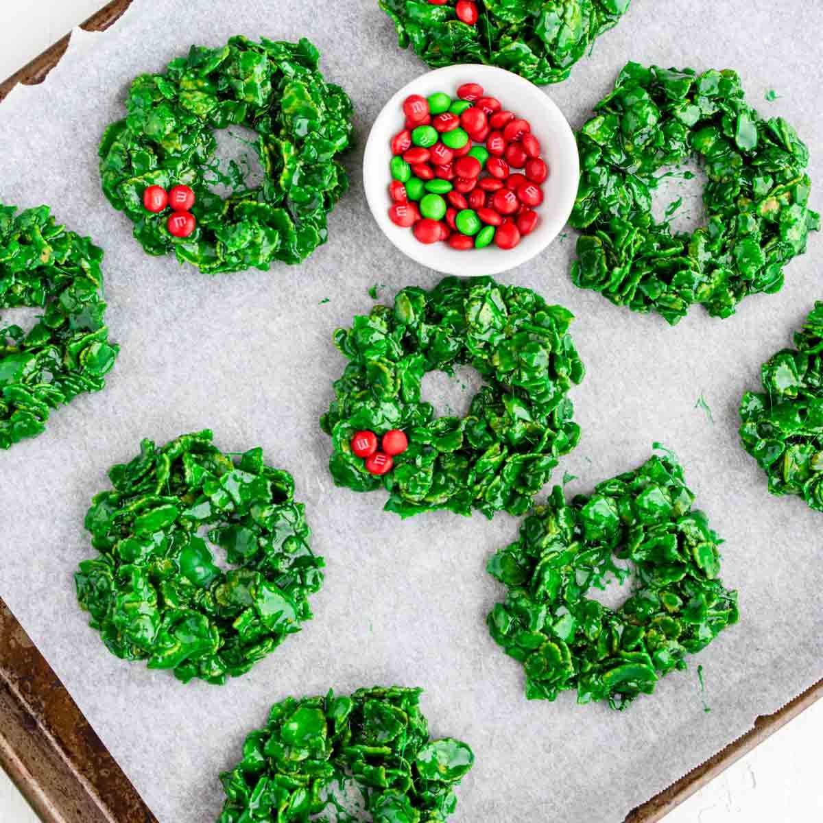 cornflake wreaths with mini red M&M's