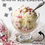 snow cream in a glass bowl with sprinkles and text overlay