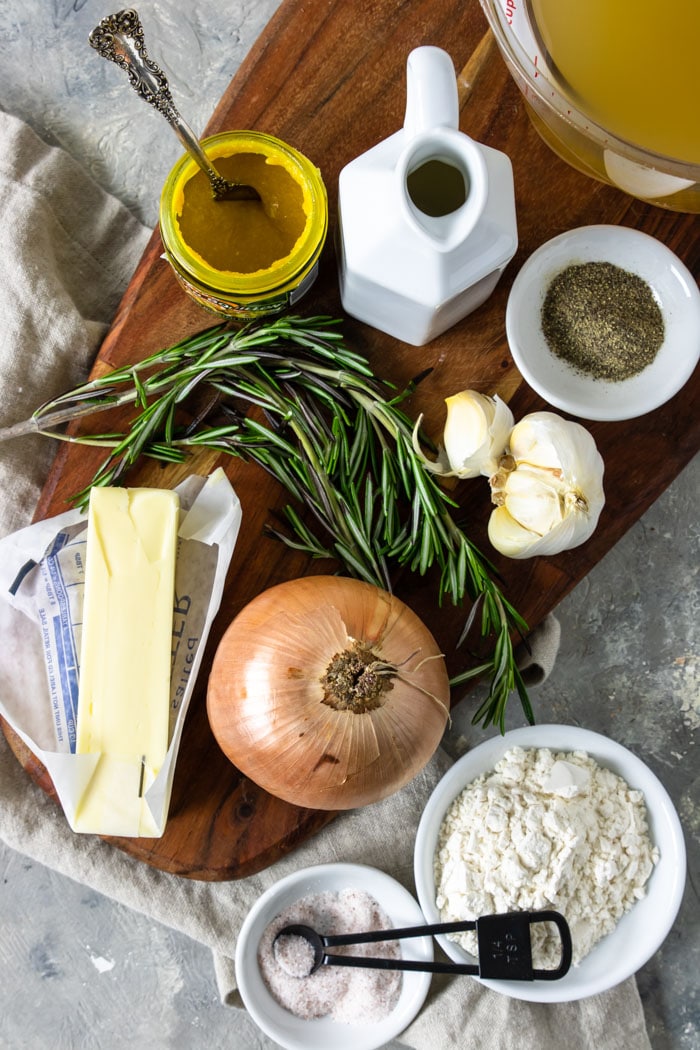 Ingredients for gravy without drippings on a cutting board