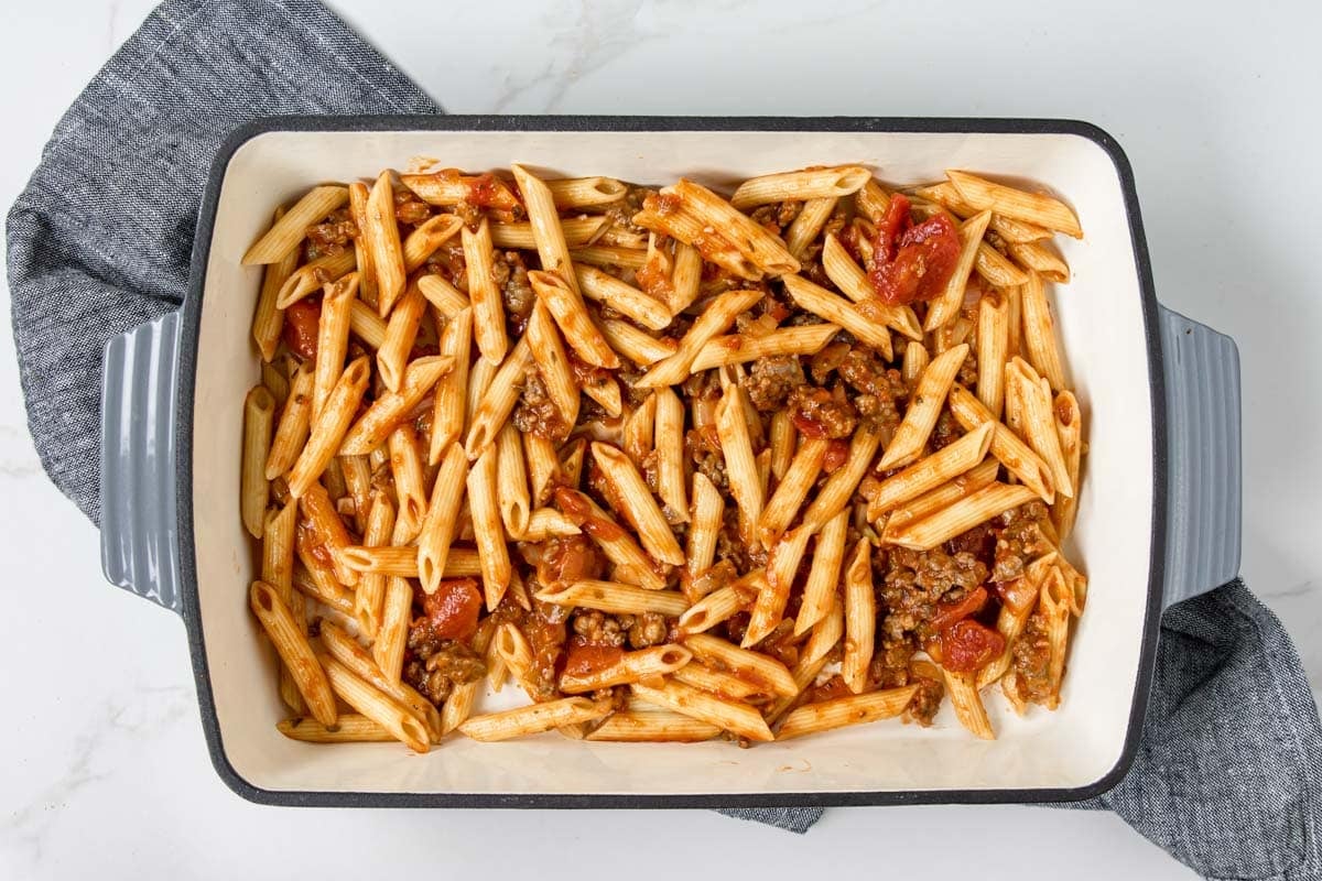 sausage, penne and marinara in a 9x13 pan