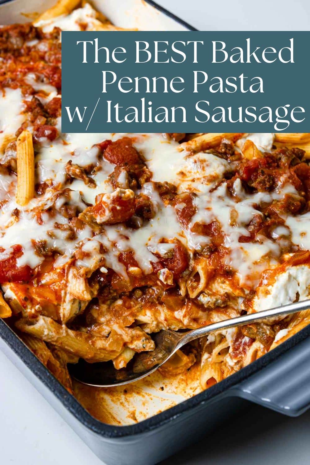 Pinterest Image with text overlay for baked penne pasta recipe
