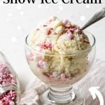 a glass dessert bowl with snow ice cream topped with pink sprinkles and pinterest text over top