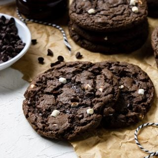 Fudgy hot cocoa cookies with marshmallow bits