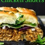 BBQ Chicken Sliders on a black plate- pinterest text overlay