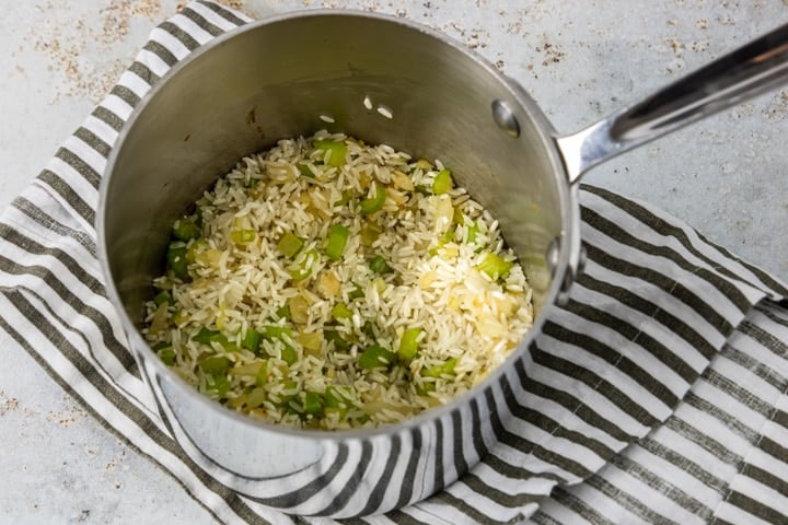 sauce pot with celery onions and rice inside