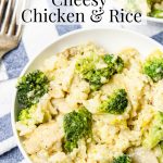 A bowl of Instant Pot Chicken and Rice pin image with pinterest text over top