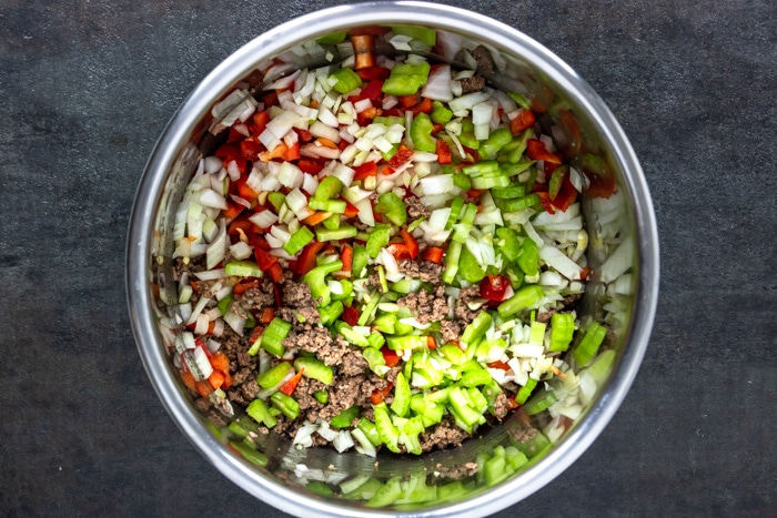 ground beef, onions, celery, and peppers in the Instant Pot