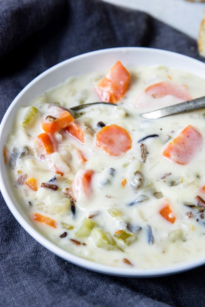 Bowl of Creamy Instant Pot wild rice soup 