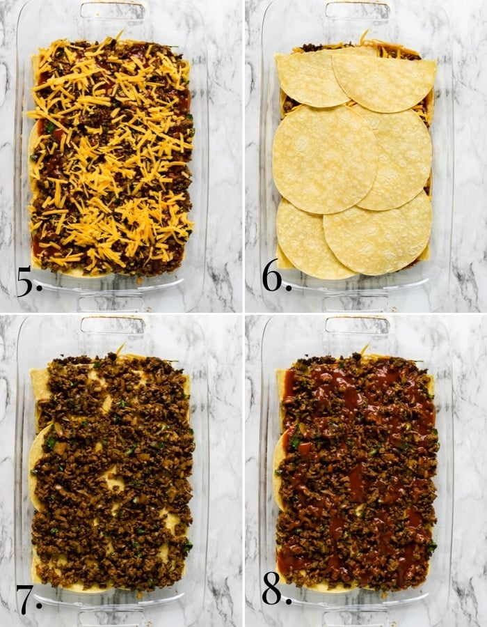 5-8 step by step pictures showing how to make ground beef enchilada casserole
