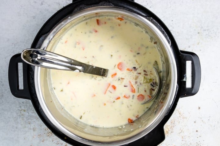 Instant Pot full of creamy wild rice soup