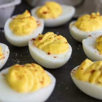 deviled eggs on a tray