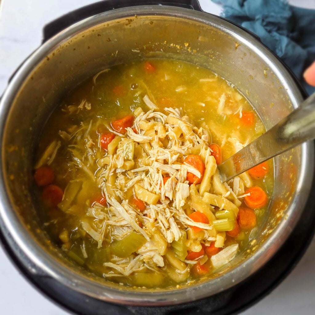 Chicken noodle soup being ladled out of the Instant Pot