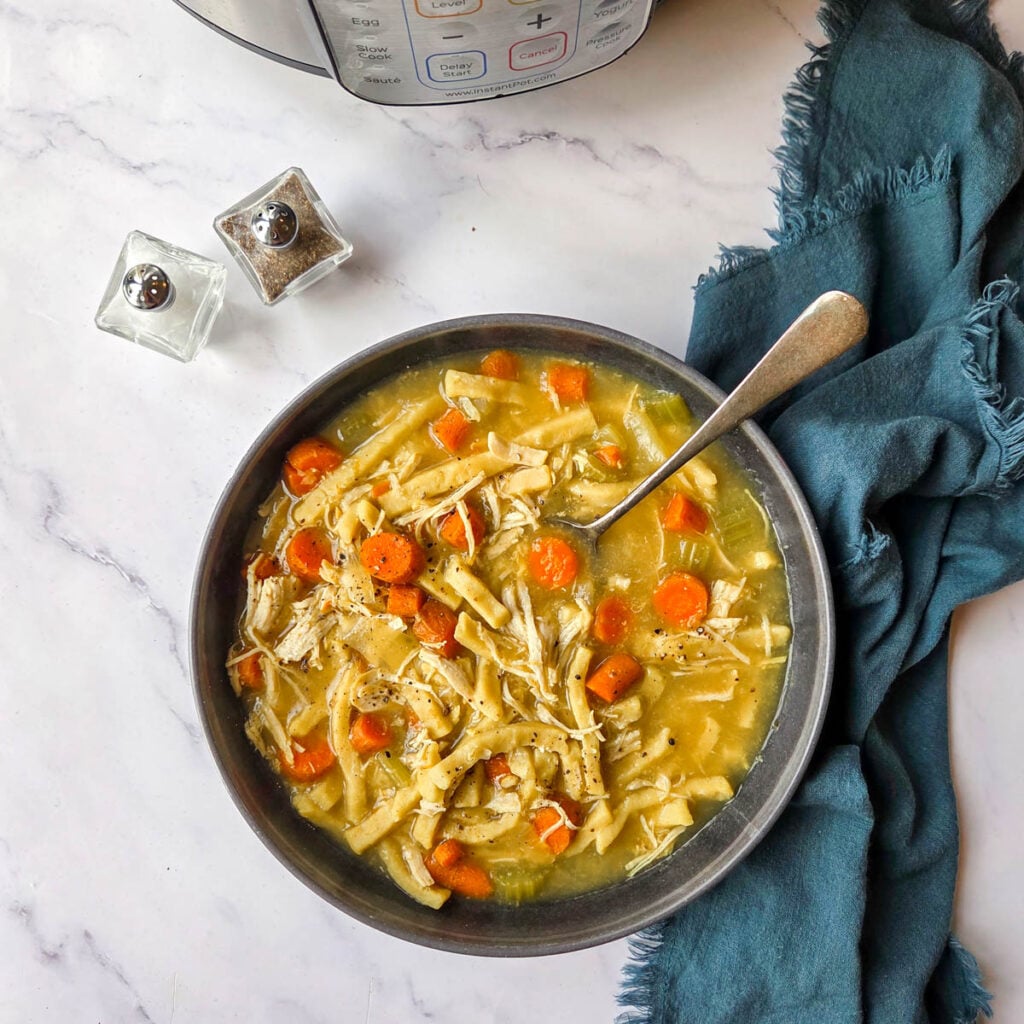 A bowl of chicken noodle soup that was made in the Instant Pot