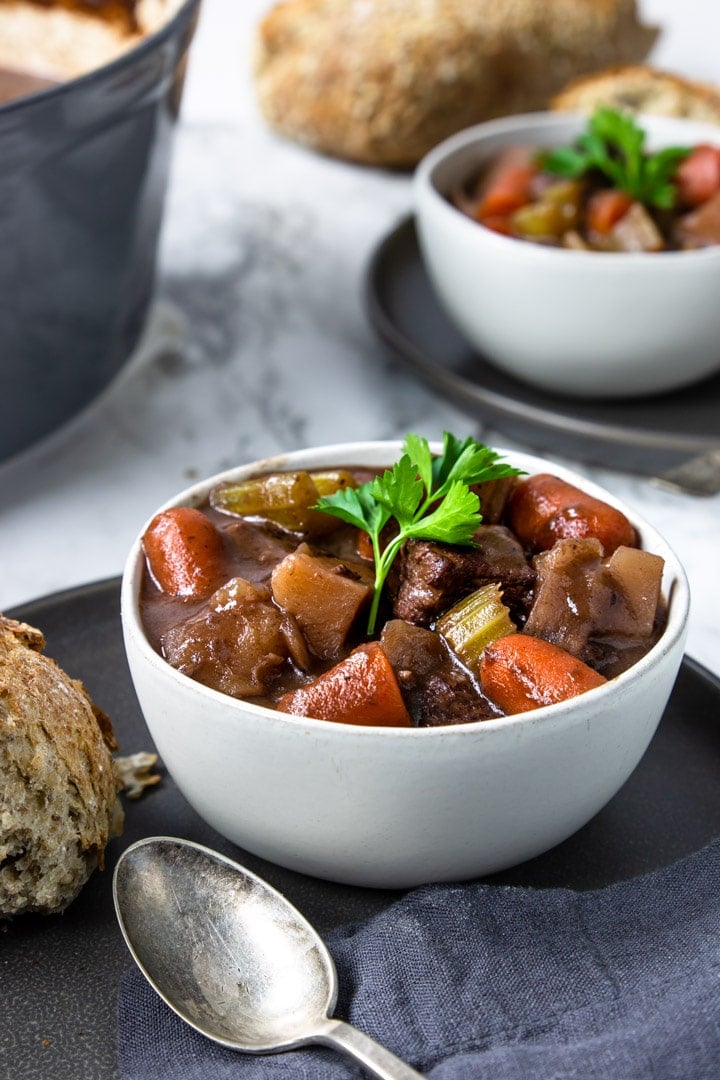 Beef Stew with red wine served with crusty bread