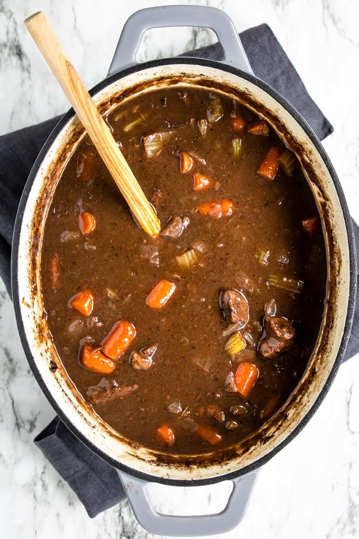 Beef Stew with Red Wine in a dutch oven