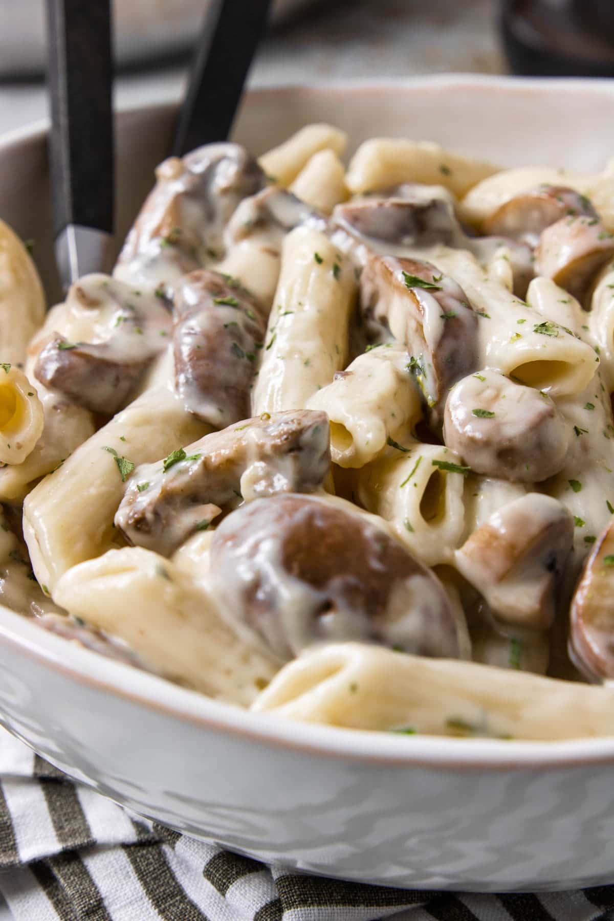 close up of penne pasta in a cream sauce with mushrooms