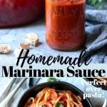 a jar of marinara sauce and a bowl of spaghetti
