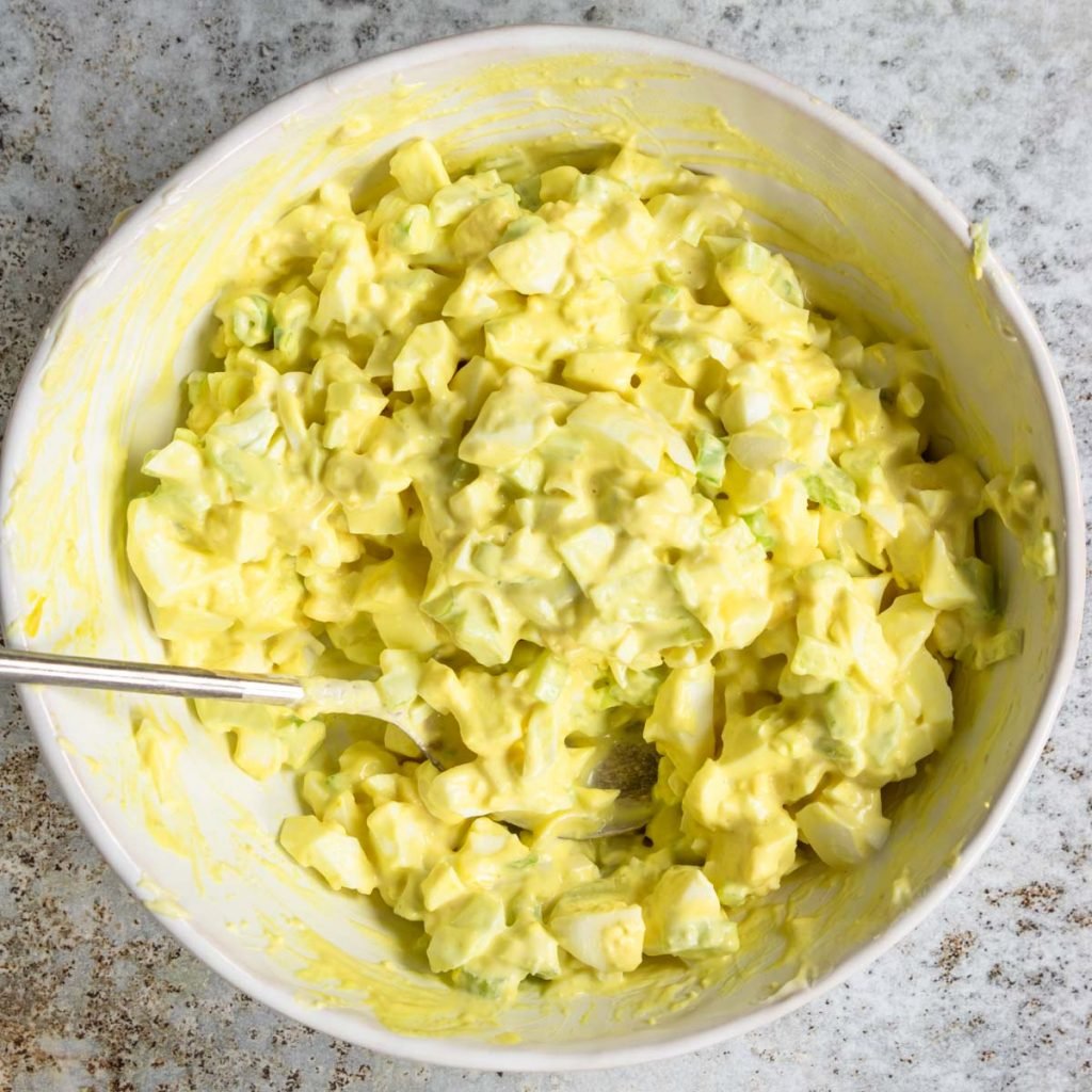 egg salad all mixed together in a bowl
