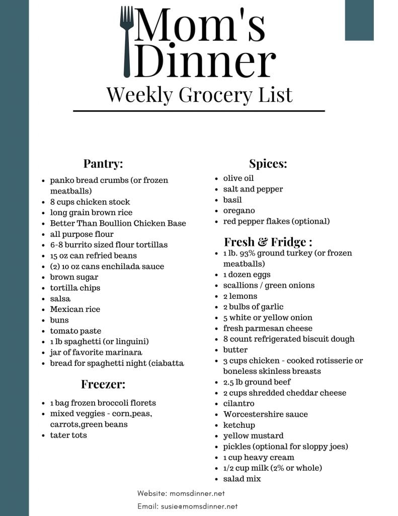 grocery list for stay at home meal plan