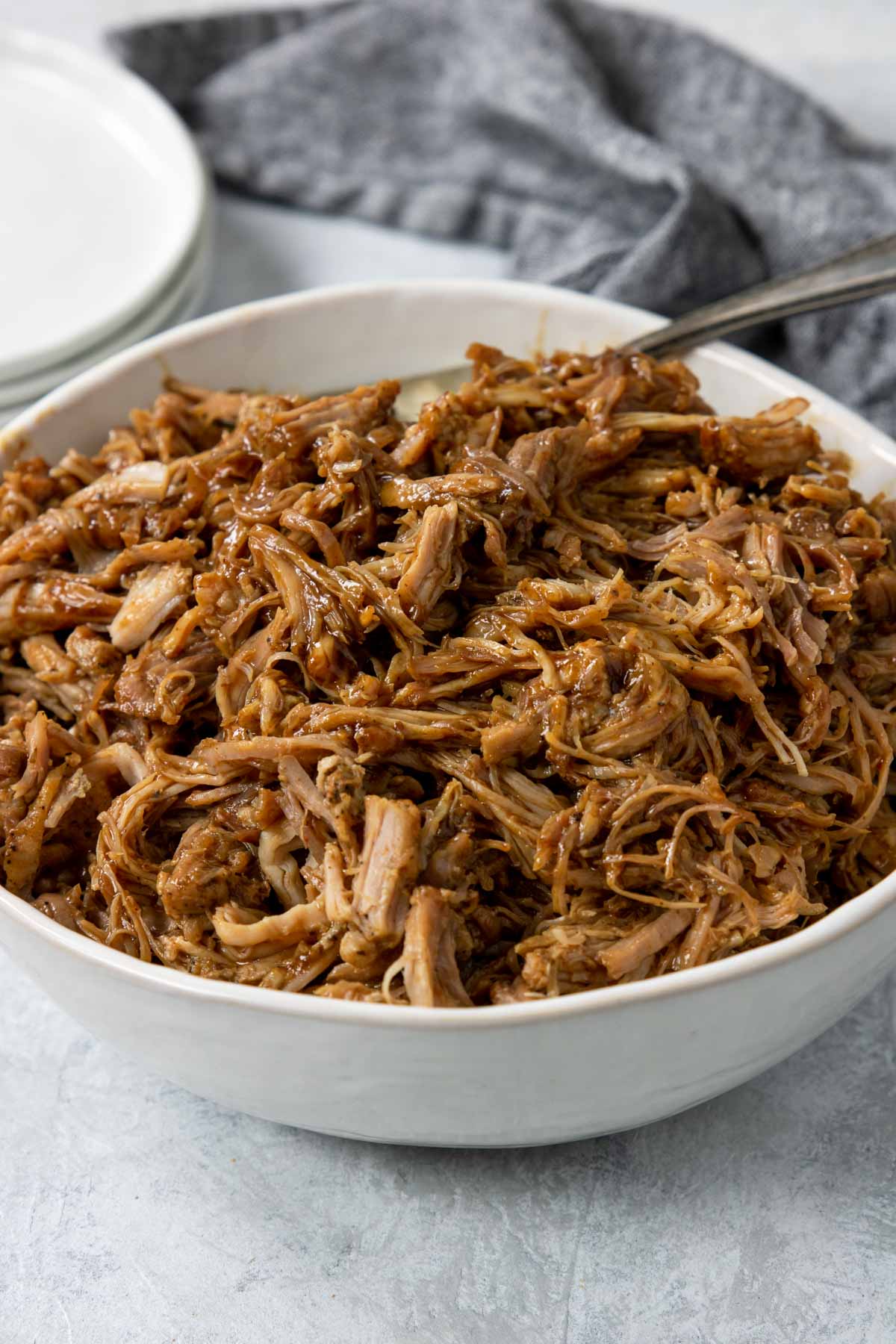 BBQ Pulled pork in a white bowl