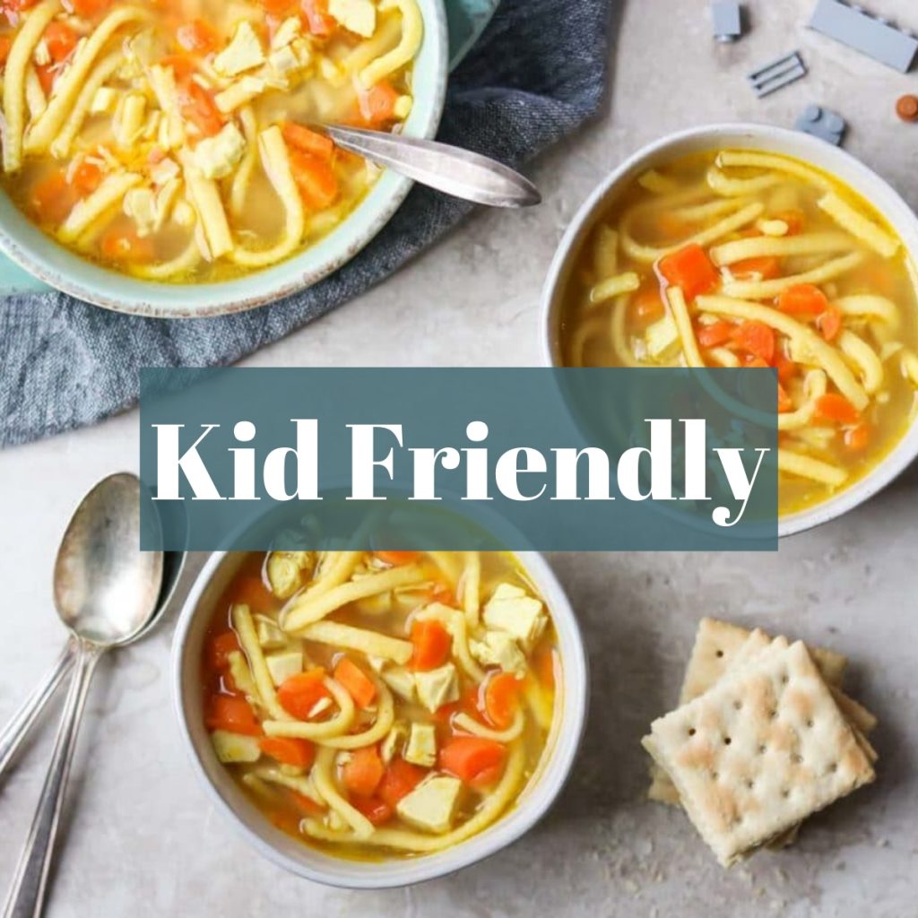 chicken noodle soup with text overlay for kid friendly