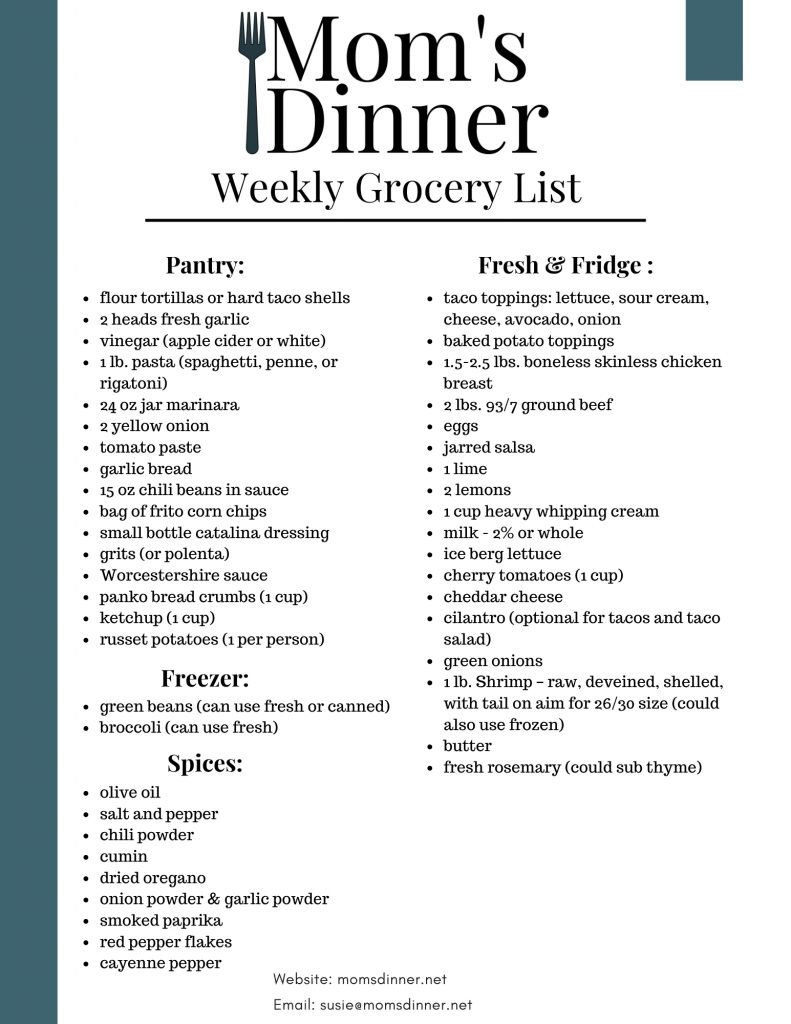 Free printable grocery list for meal plan 15