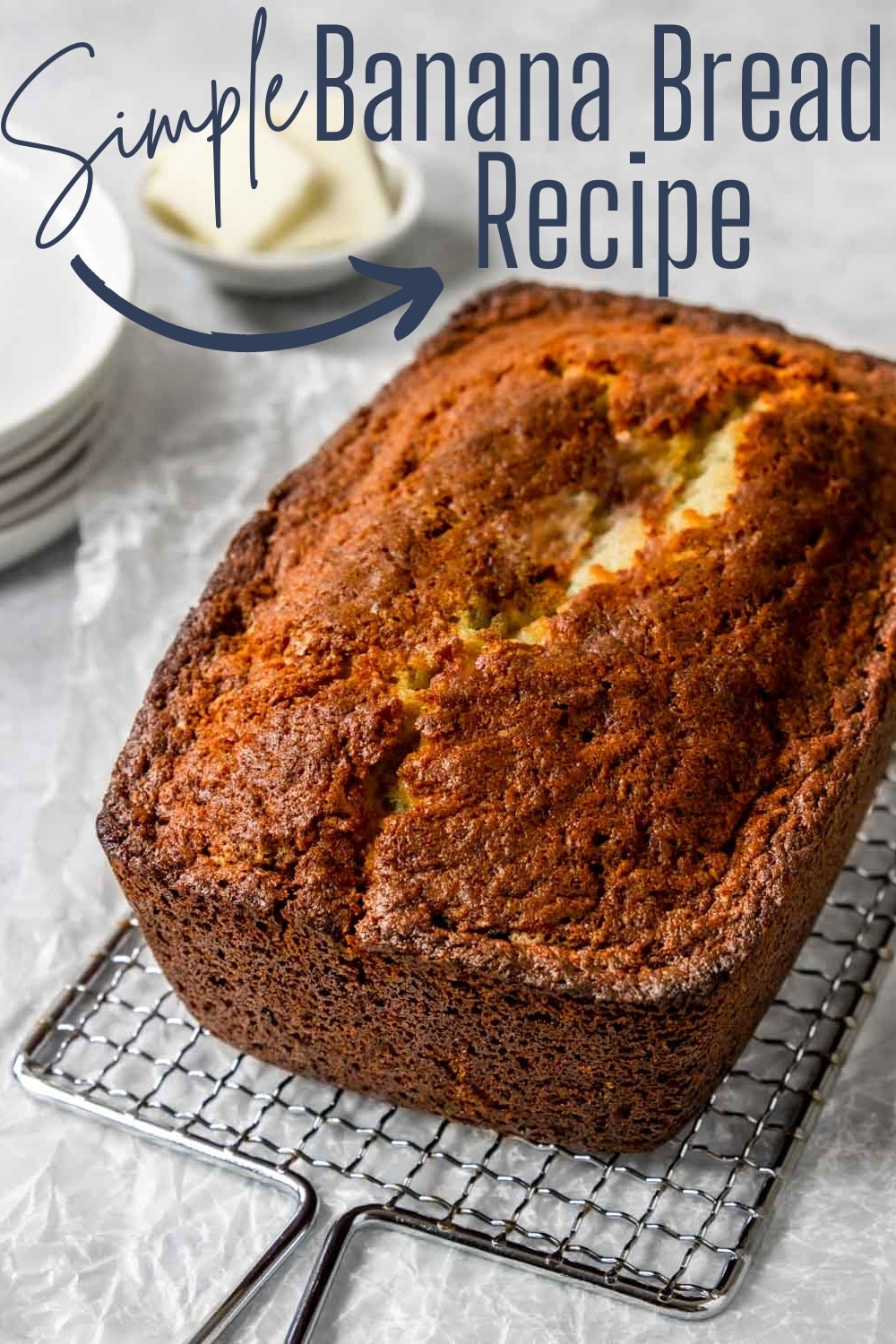 Pinterest image of banana bread loaf with text overlay