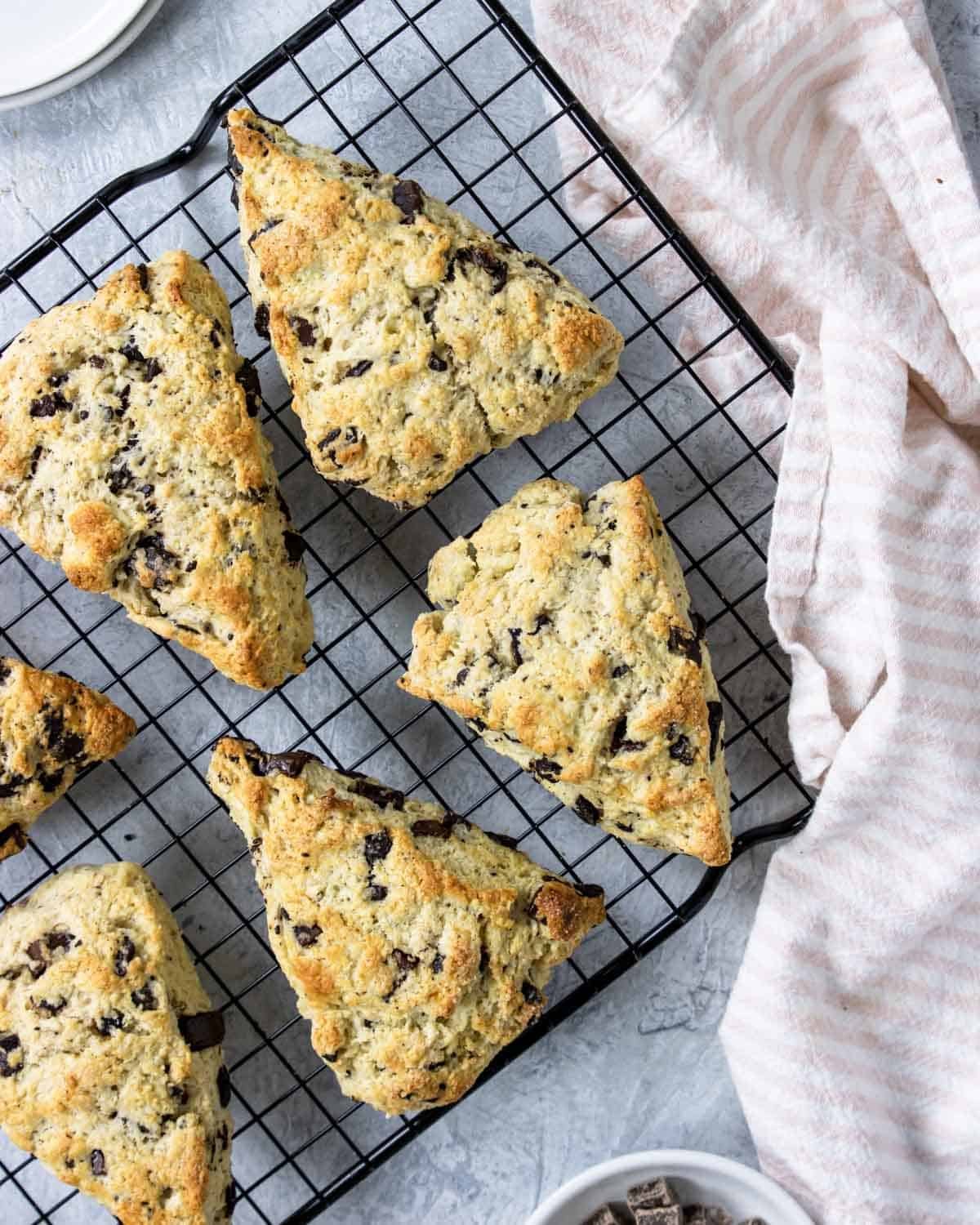 Chocolate Chip Scones on a cooling rack