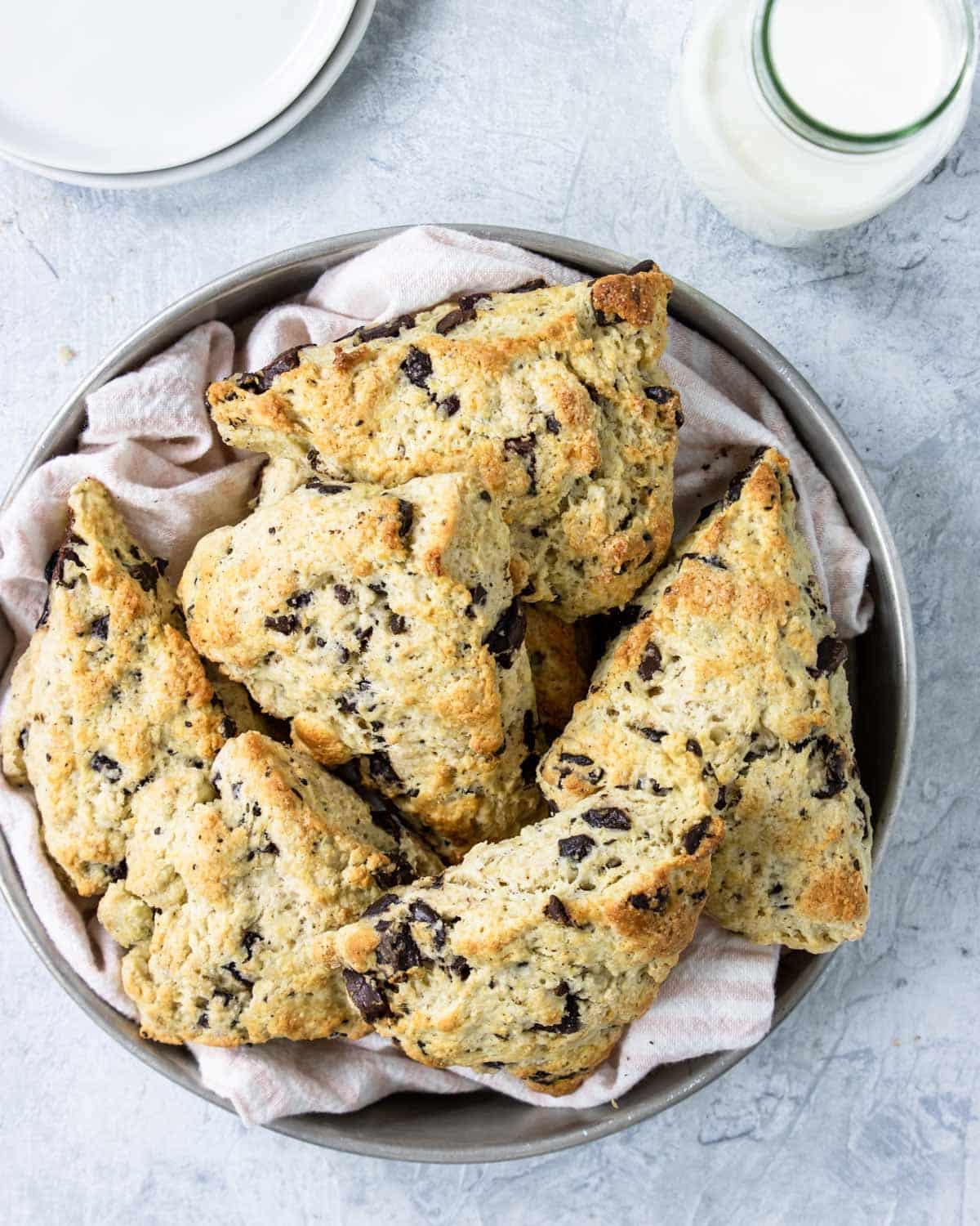 a basket of chocolate chip scones 