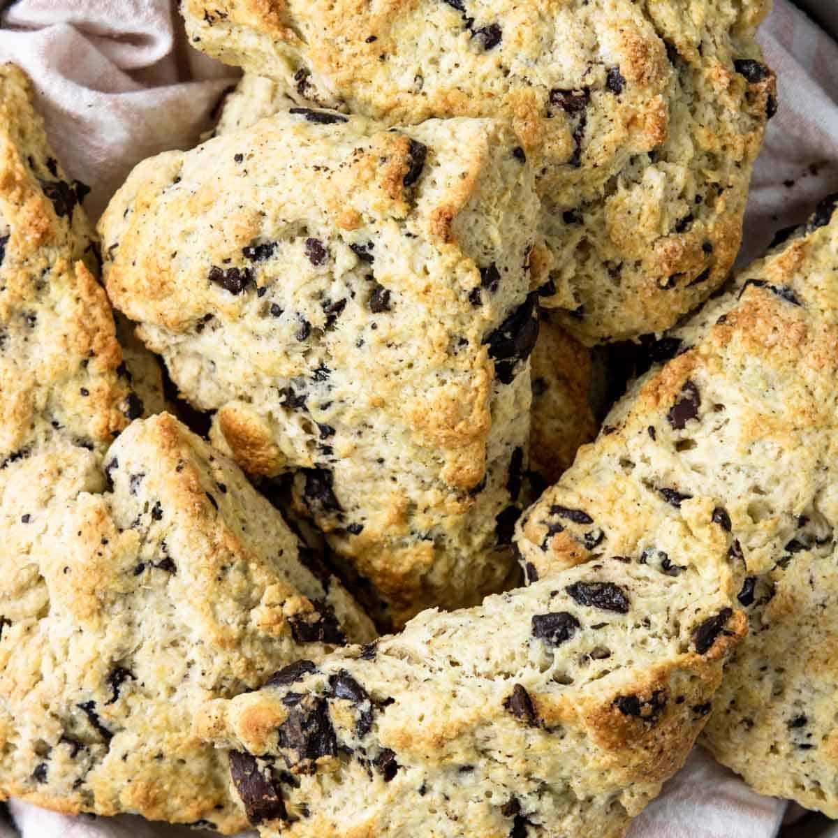 Chocolate chips scones in a basket