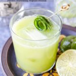 cucumber margarita in a glass with a large ice cube and a cucumber rosette garnish