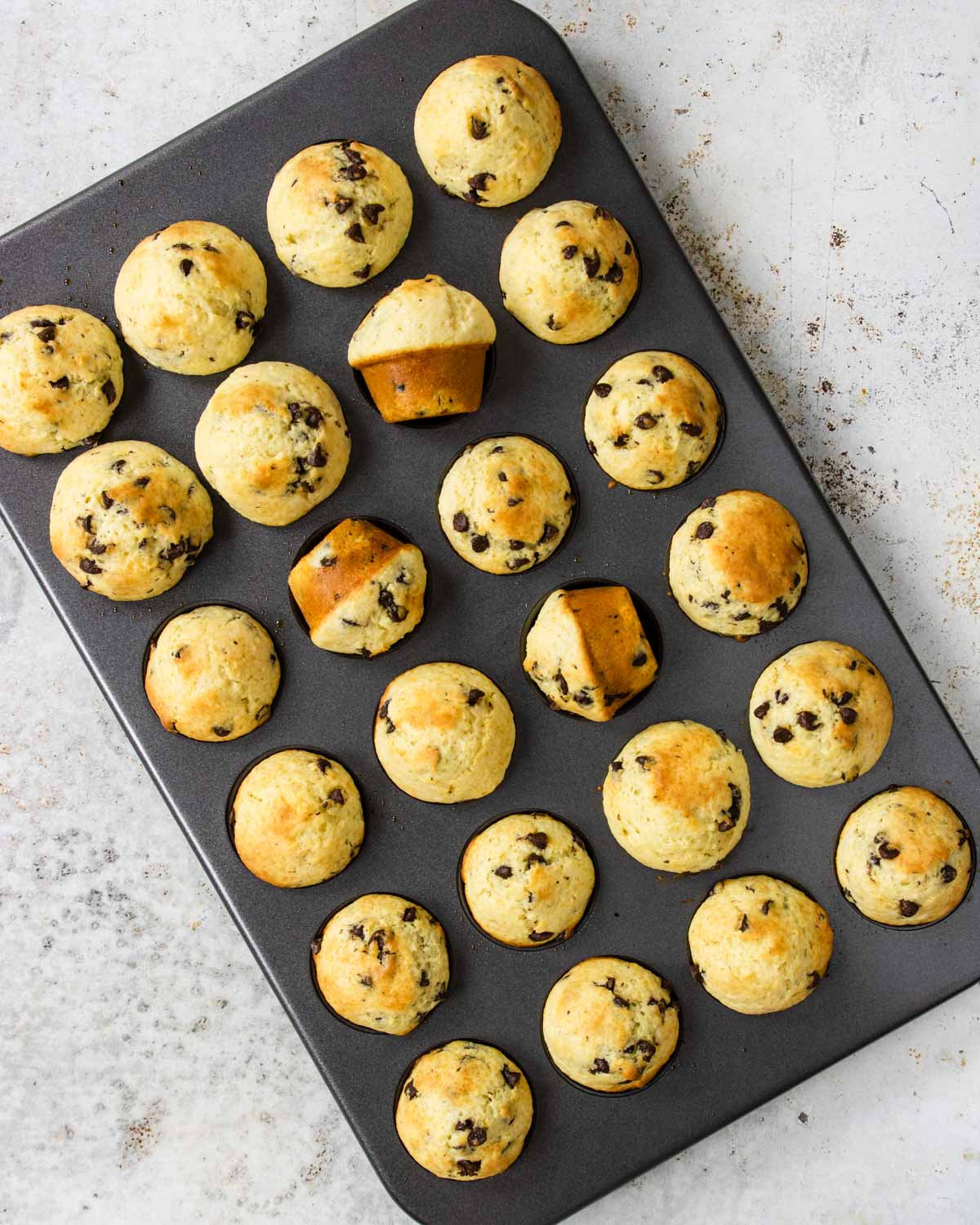 baked mini chocolate chip muffins in a muffin tin