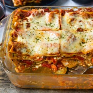 veggie lasagna in an 8x8 pan
