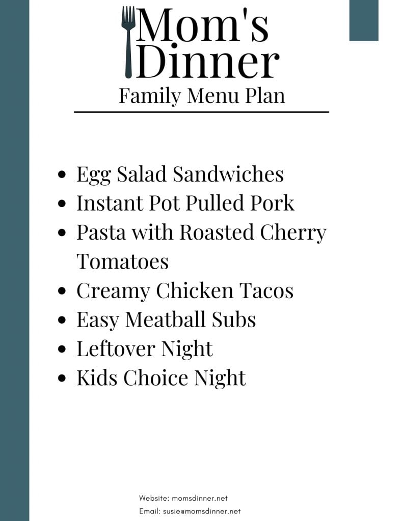 a list of meals for the meal plan, printable