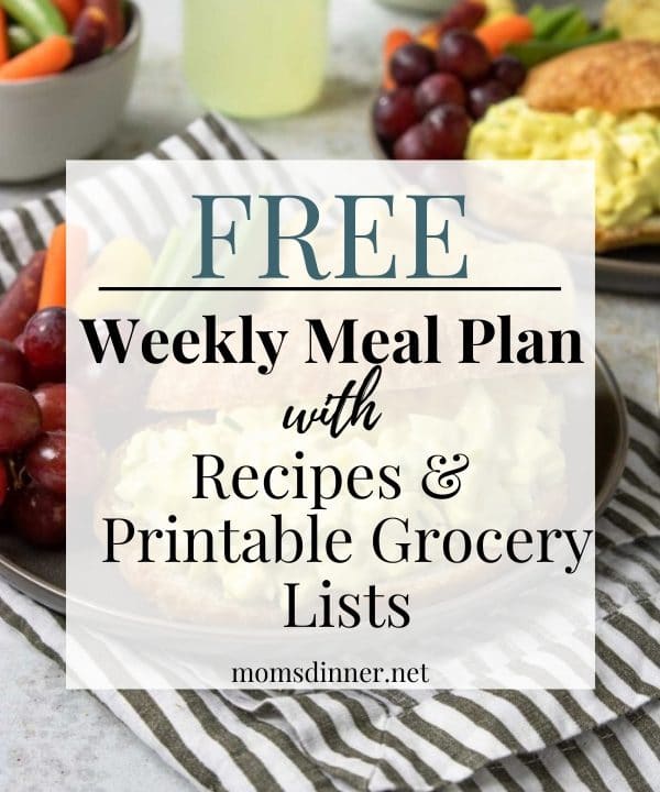egg salad image with text overlay - free weekly meal plan with recipes and free printable grocery list